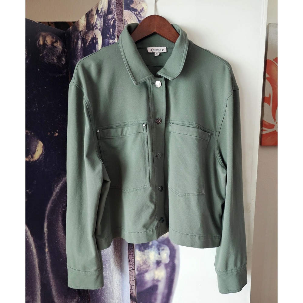 Nanette Lepore Olive Green Button Front Cotton Blend Utility Jacket Knit Size XL - Picture 2 of 8